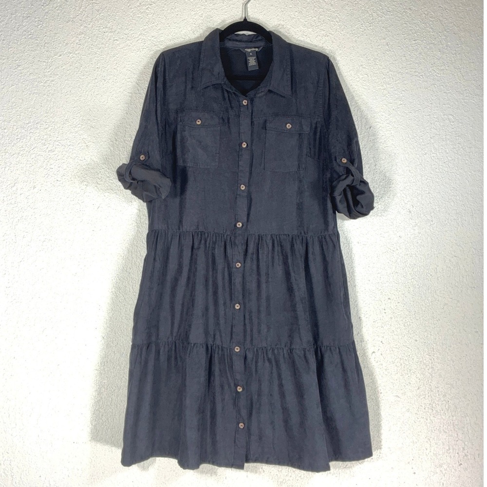 Millenium Black Tiered Shirt Dress - XL - Roll Tab Sleeve Boho Utility